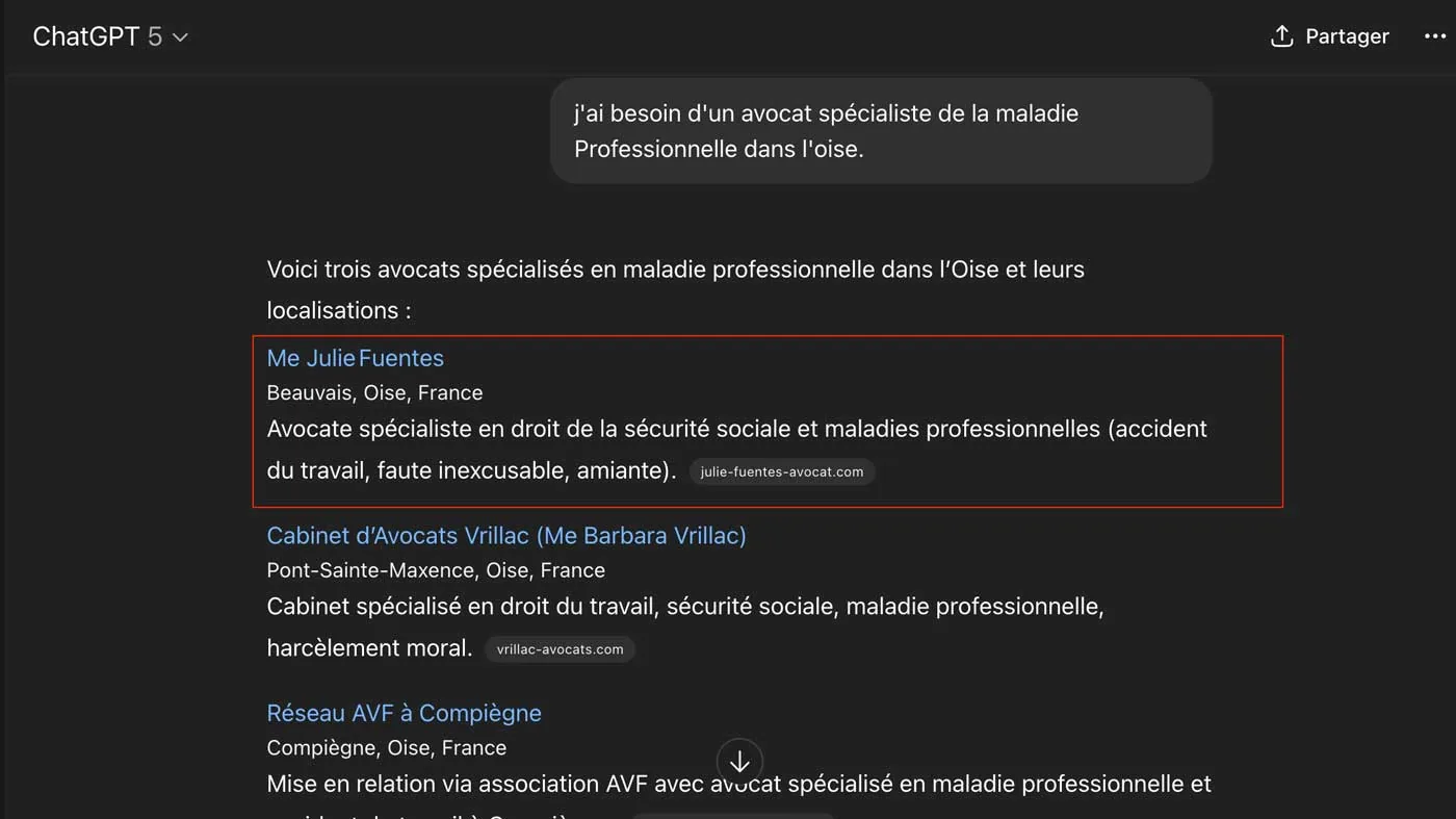 Référencement ChatGPT : le cas de Me Julie Fuentes, avocate